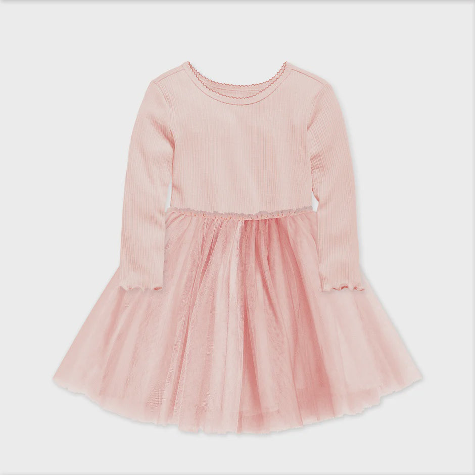 Long Sleeve Ribbed Tulle Dress Soft Rose