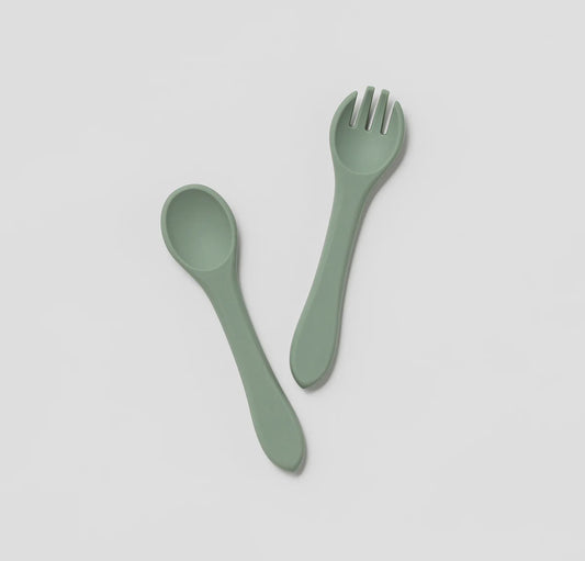 Silicone Fork and Spoon Set  Soft Moss