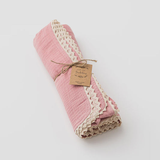 Swaddle Organic Muslin with Lace Shell Pink