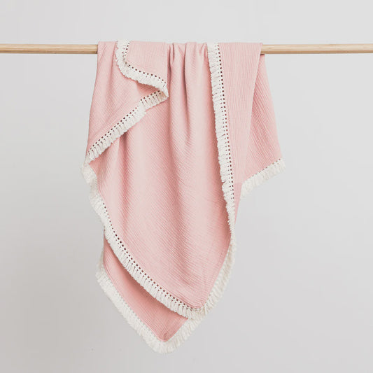 Organic Muslin Blanket with Tassel Shell Pink