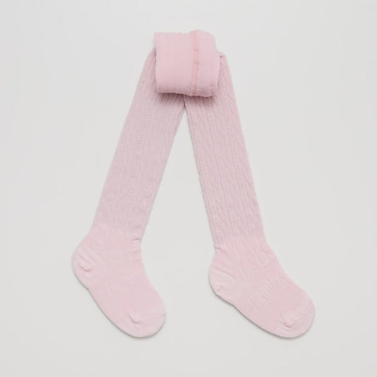 Girls Merino Wool Cable Tights - Cherry Blossom Pink