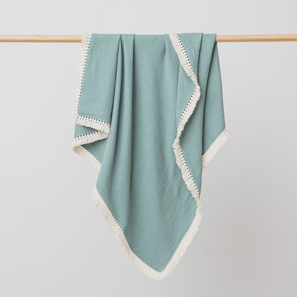 Organic Muslin Blanket with Boho Tassel Fringe Sage