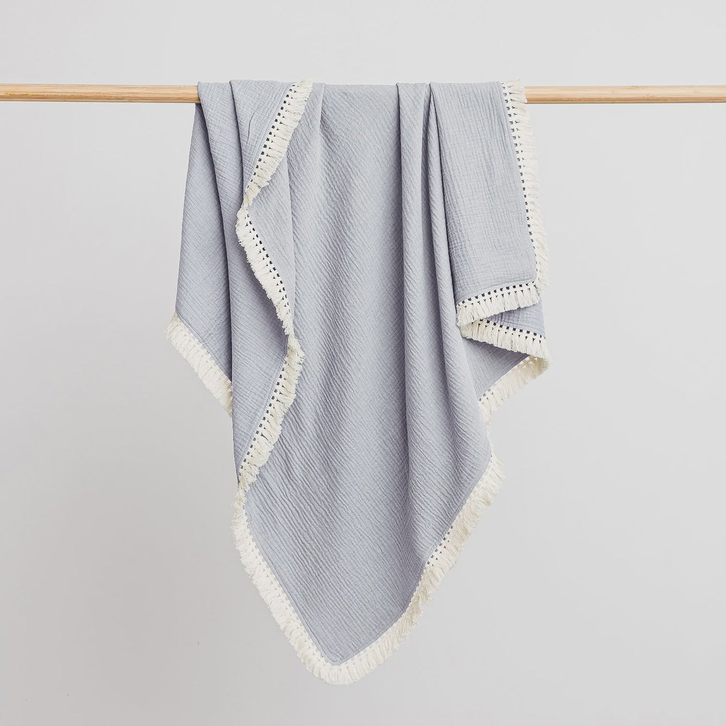 Organic Muslin Blanket with Tassels Frost